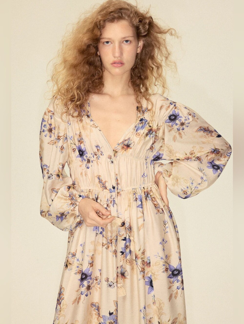 H&M Floral Printed Tie-detail Maxi Dress Beige/floral Lilac Blue Bnwt - Picture 9 of 13